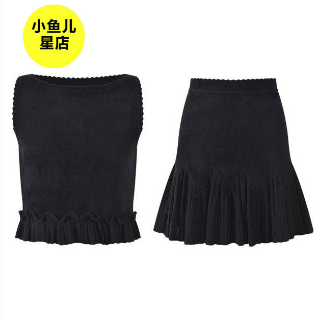 法式浪漫秋冬新款黑色修身显瘦木耳边圆领无袖背心上衣半裙套装女