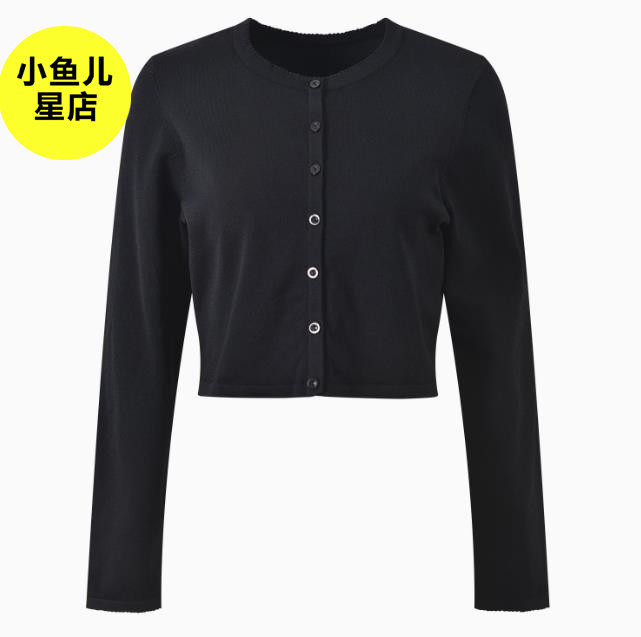 法式浪漫春季新款黑色圆领短款针织开衫显瘦时尚通勤百搭上衣外套