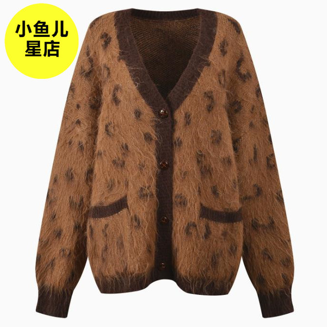 法式浪漫秋冬新款设计感豹纹提花V领单排扣宽松百搭针织开衫上衣