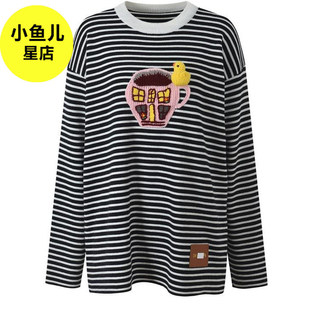 法式复古早秋款窗户女孩梯子钩花条纹时尚小众圆领长袖针织衫上衣