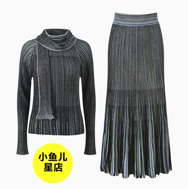 法式浪漫春夏撞色条纹修身显瘦领口系带针织上衣高腰阔腿裤套装女