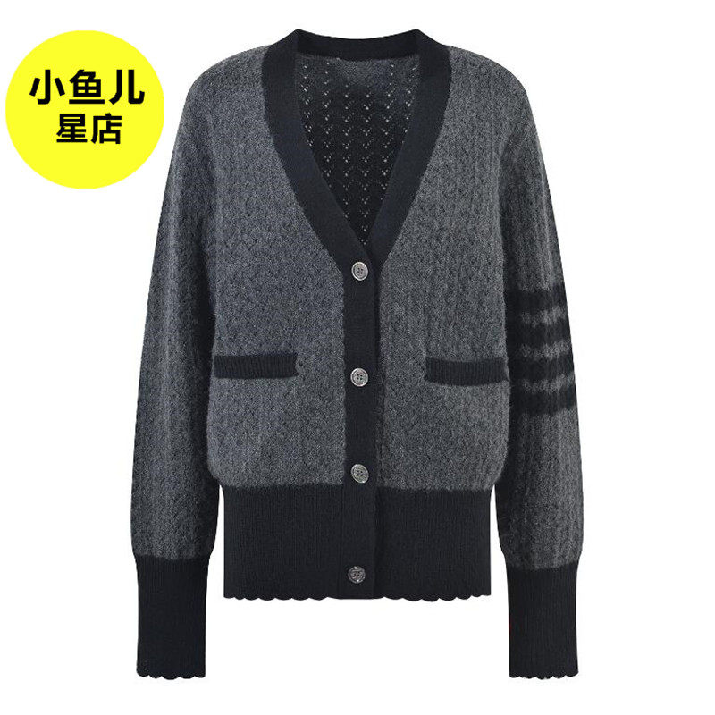 高端羊毛版 TB撞色四杠麻花宽松毛衣外套气质V领针织开衫上衣女