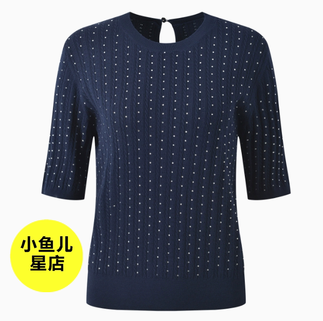 法式浪漫夏季款休闲百搭烫钻麻花纹五分袖圆领修身针织衫T恤上衣