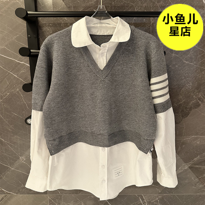 韩版学院风针织马甲拼接衬衫上衣