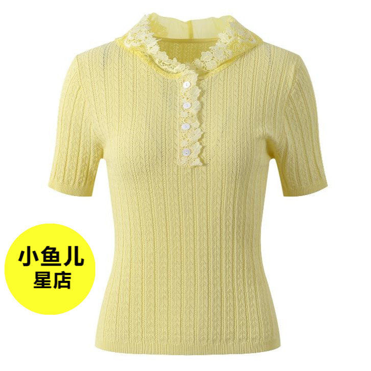 法式浪漫夏季小众设计气质蕾丝连帽拼接修身显瘦短袖针织T恤上衣