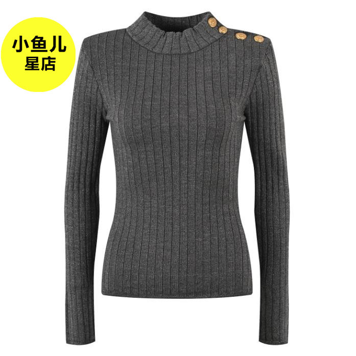 法式浪漫秋冬新款坑条肩扣修身显瘦内搭打底衫长袖针织衫套头毛衣