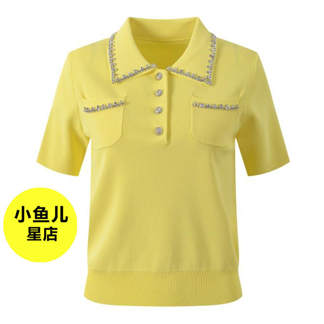 法式浪漫夏季款polo领重工钻饰狮子头扣气质时尚百搭短袖针织上衣