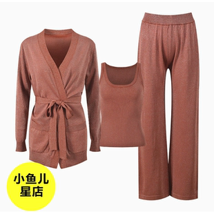 法式浪漫春夏新款欧美风亮丝束带垂感宽松针织开衫背心裤子三件套
