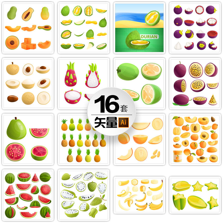 ai矢量画水果香蕉山竹木瓜榴莲黄桃菠萝西瓜火龙果平面设计素材图