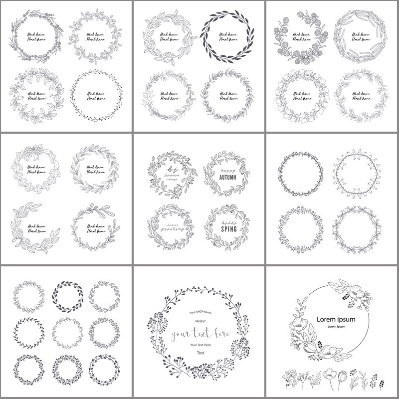 免扣文艺清新线描手绘黑白花卉花环花朵艺术卡片矢量平面设计素材