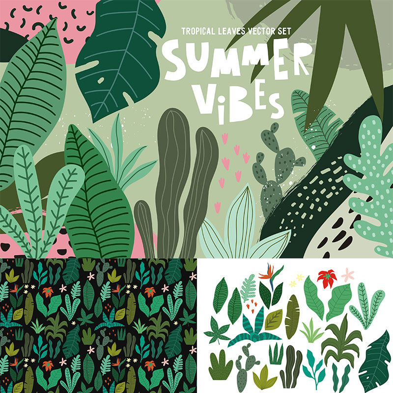 免扣热带树叶无缝拼接图案叶子绿色植物 ai矢量 png平面设计素材