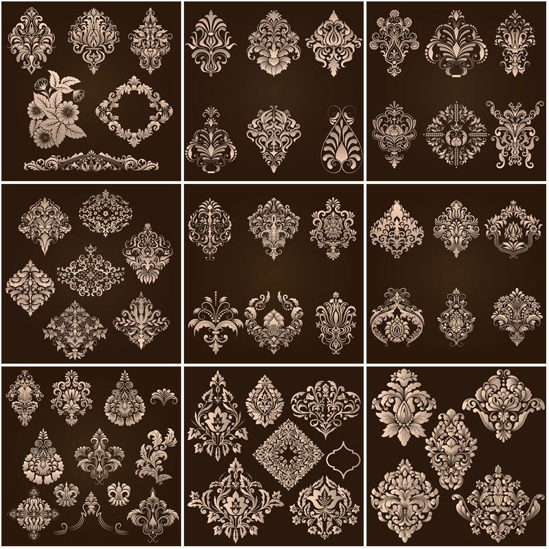 免扣优雅复古欧式古典花卉金色花纹花朵纹饰平面设计素材矢量图片