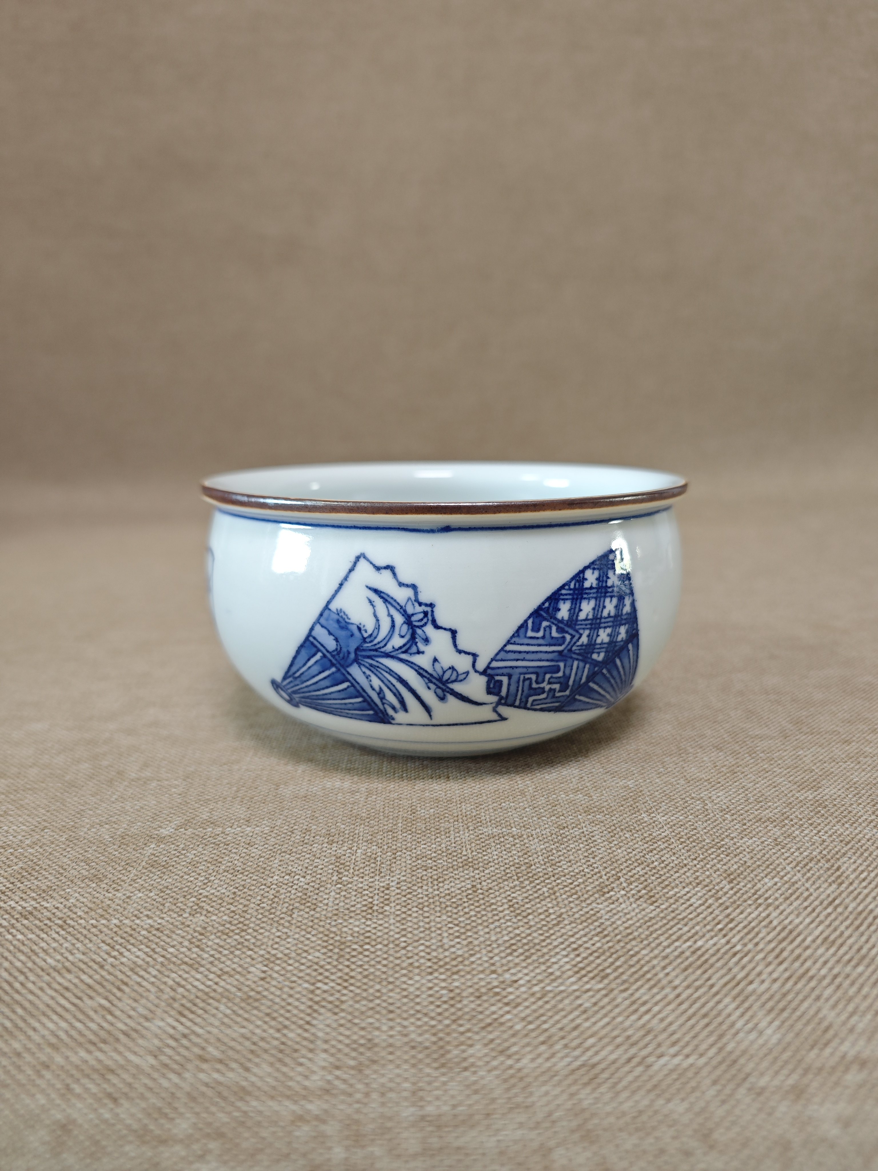 日本进口中古瓷器正品清水烧平安白凤作手绘青花扇面建水渣斗