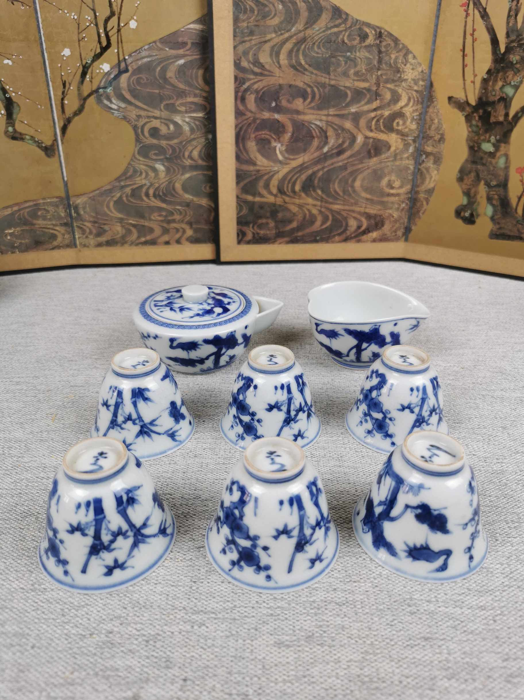 日本瓷器正品京烧六代清水六兵卫手绘青花茶具套宝瓶套100毫升