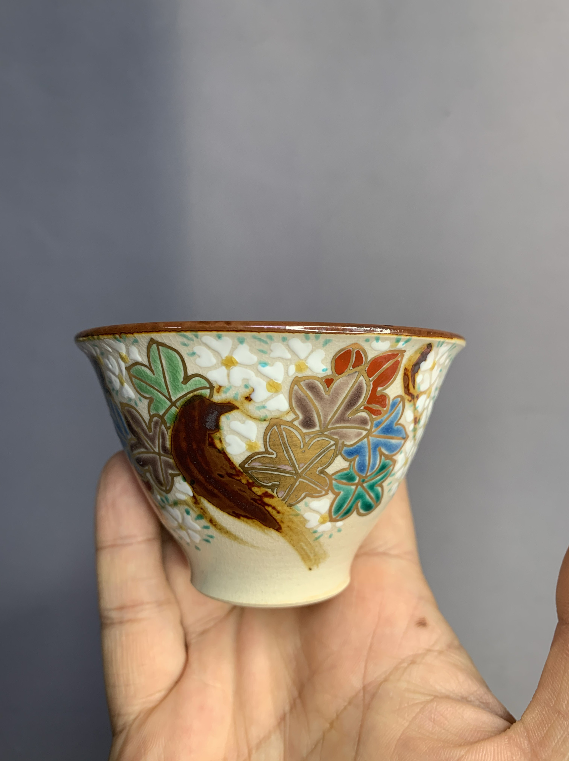 日本进口瓷器全新正品犬山烧茶杯主人杯斗笠杯手绘经典锦云枫叶