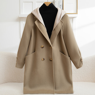 2025年秋冬新款时尚拼接连帽假两件休闲百搭100羊毛双面大衣外套