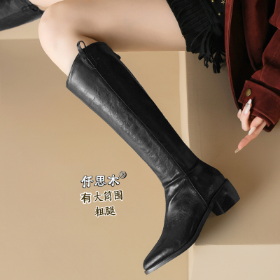 高跟长筒靴女粗腿棕色大小码长靴