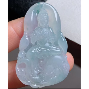 A货缅甸天然翡翠 普贤菩萨 冰胶飘花 精雕细刻 尺寸47.2-30.3-6.2