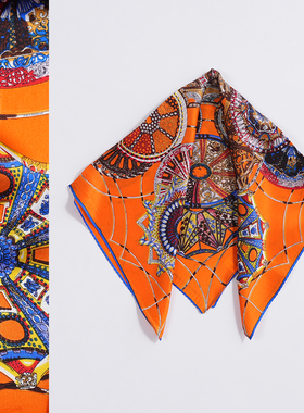 橙色民族风53cm真丝小方巾100%桑蚕丝丝巾春秋夏季女薄款百搭丝绸