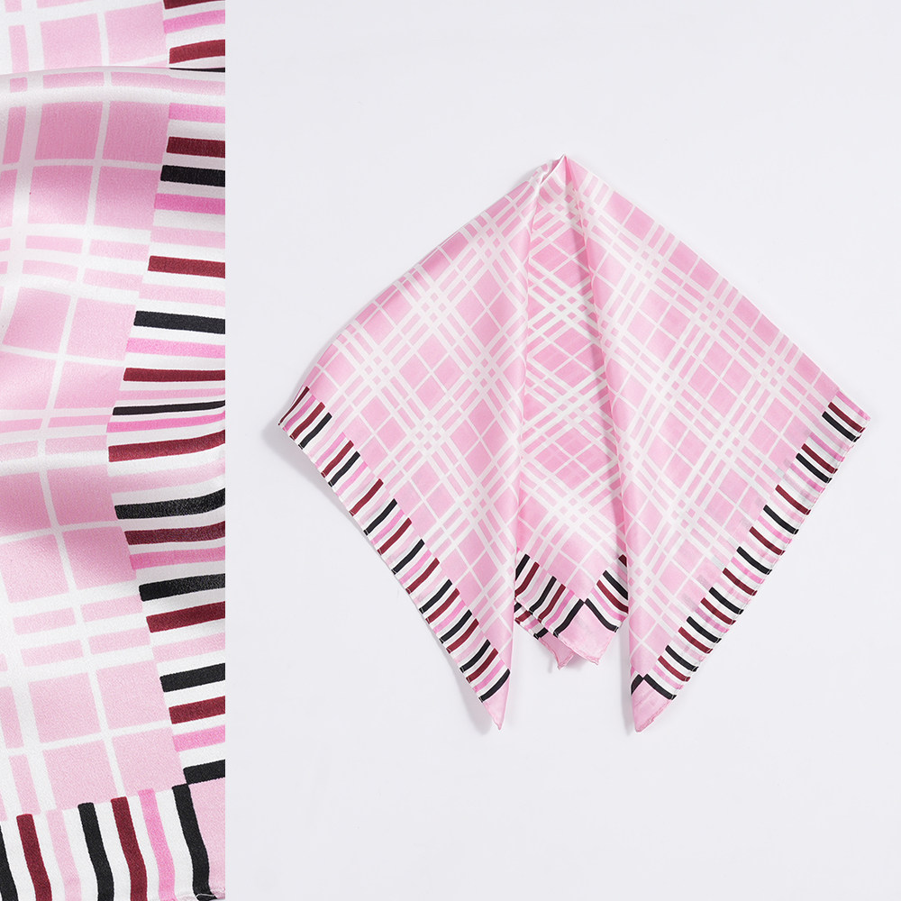 粉色格子53cm真丝小方巾100%桑蚕丝丝巾春秋夏季女士薄款百搭丝绸