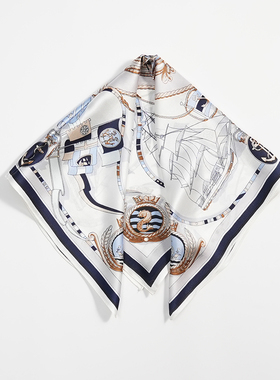 白色帆船53cm真丝小方巾100%桑蚕丝薄丝巾春秋夏季女丝绸新款082