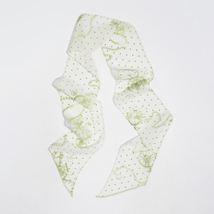 女 斜角飘带巾100%桑蚕丝长丝巾春秋夏季 波点绿色薄款 真丝乔其窄版