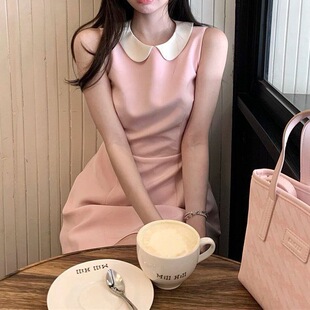 法式撞色娃娃领背心连衣裙女款2026年夏季气质减龄收腰A字裙短裙