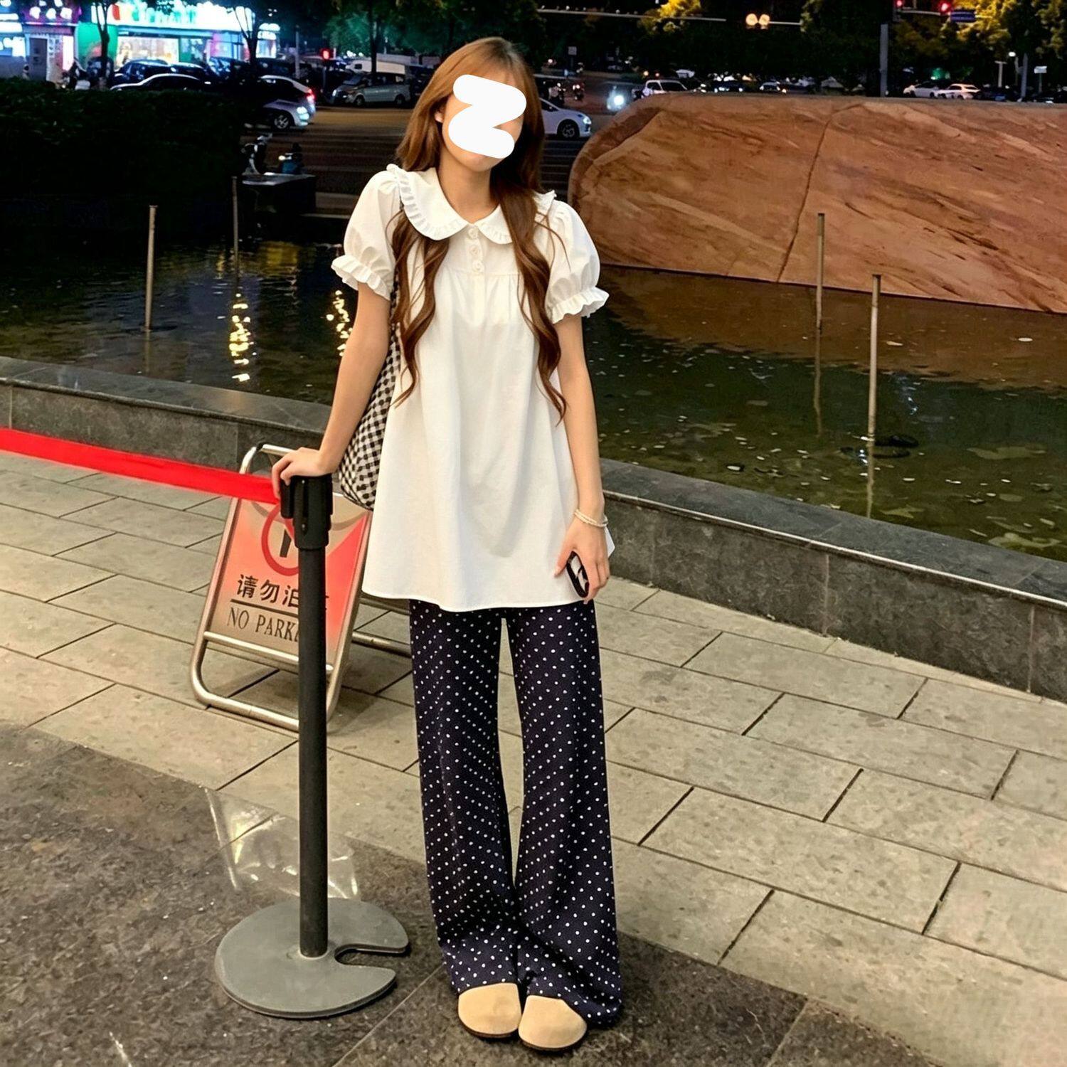 夏季日系复古娃娃领连衣短裙套装女学生韩版显瘦微喇裤波点两件套