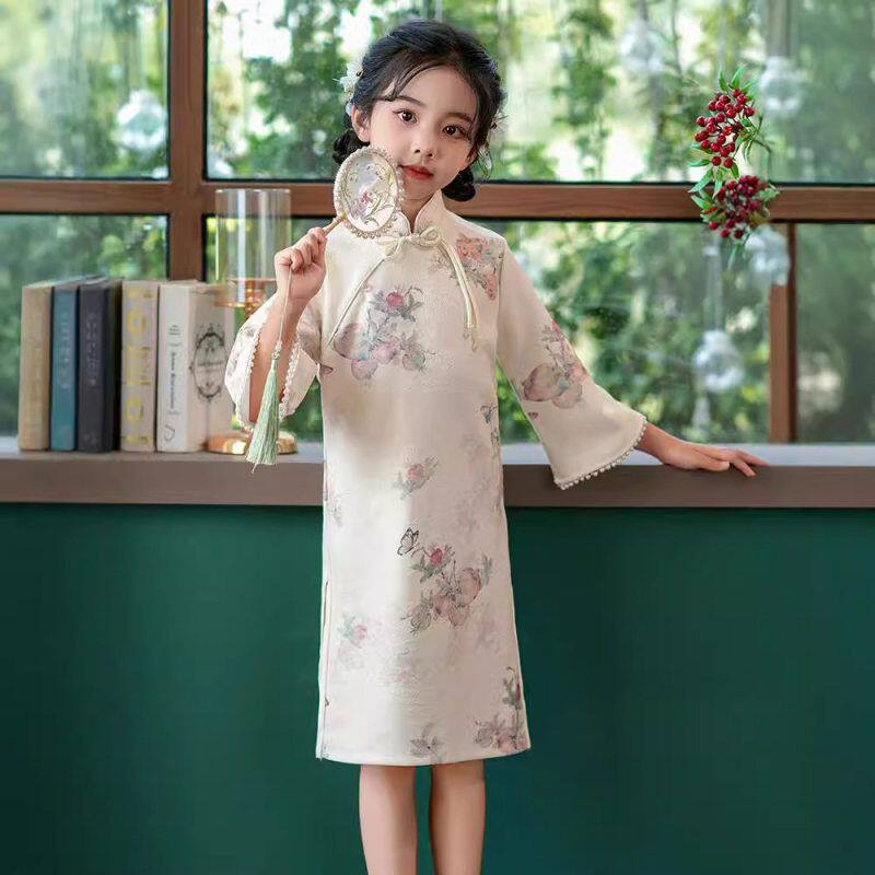 2025春秋女童新中式水墨画旗袍礼服演出服节日出游国风旗袍连衣裙