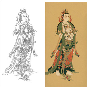 法海寺辩才天白描打印稿观音菩萨底稿工笔人物线稿壁画实物打印稿
