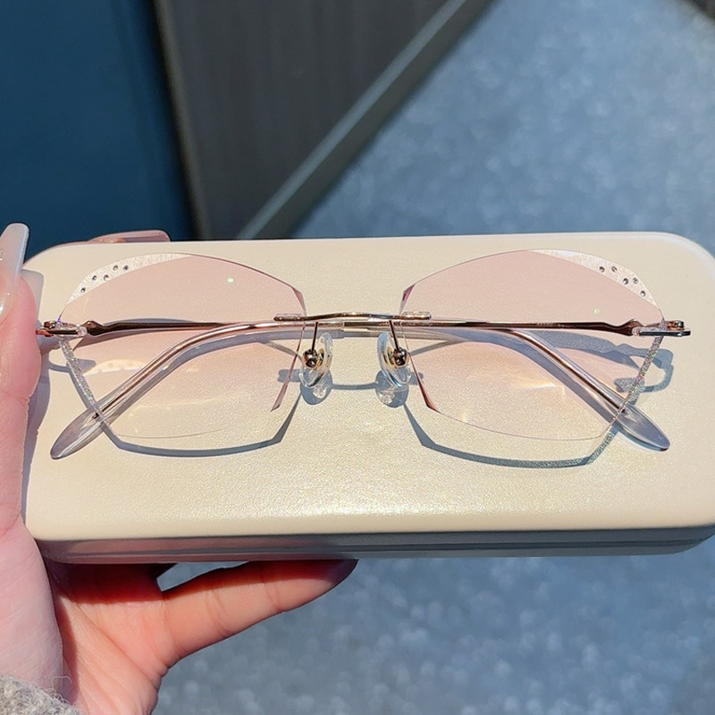 大框无框近视眼镜女镶钻修饰圆菱形脸渐变灰青红能配近视散光定制