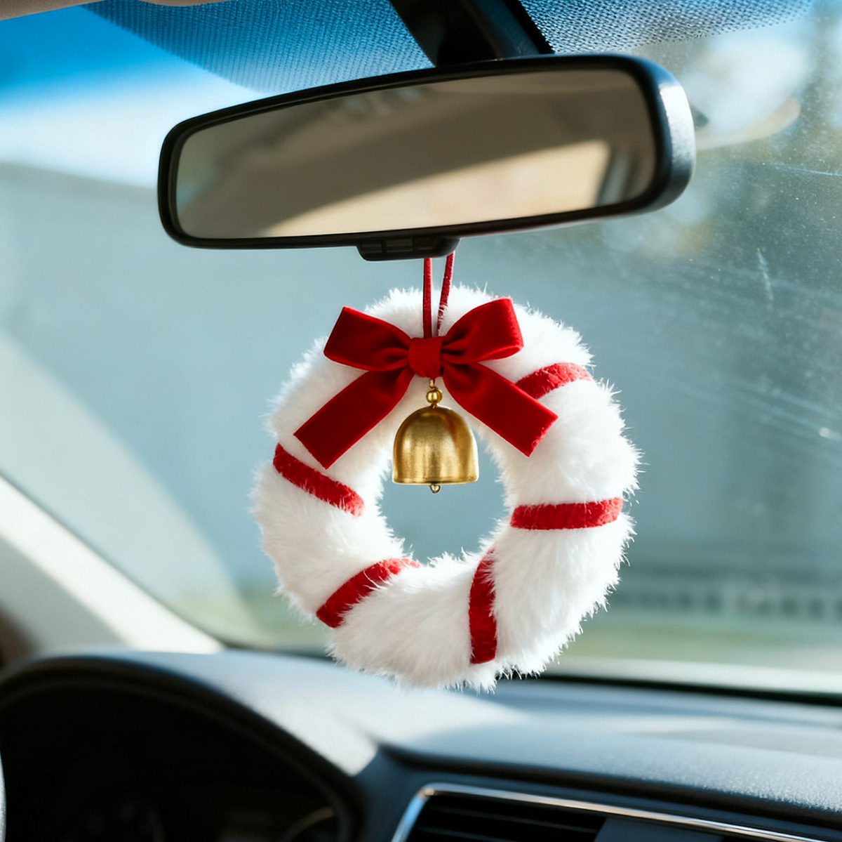 新款毛绒圣诞氛围花环车挂室内装饰蝴蝶结铃铛圣诞装饰挂橱窗配饰