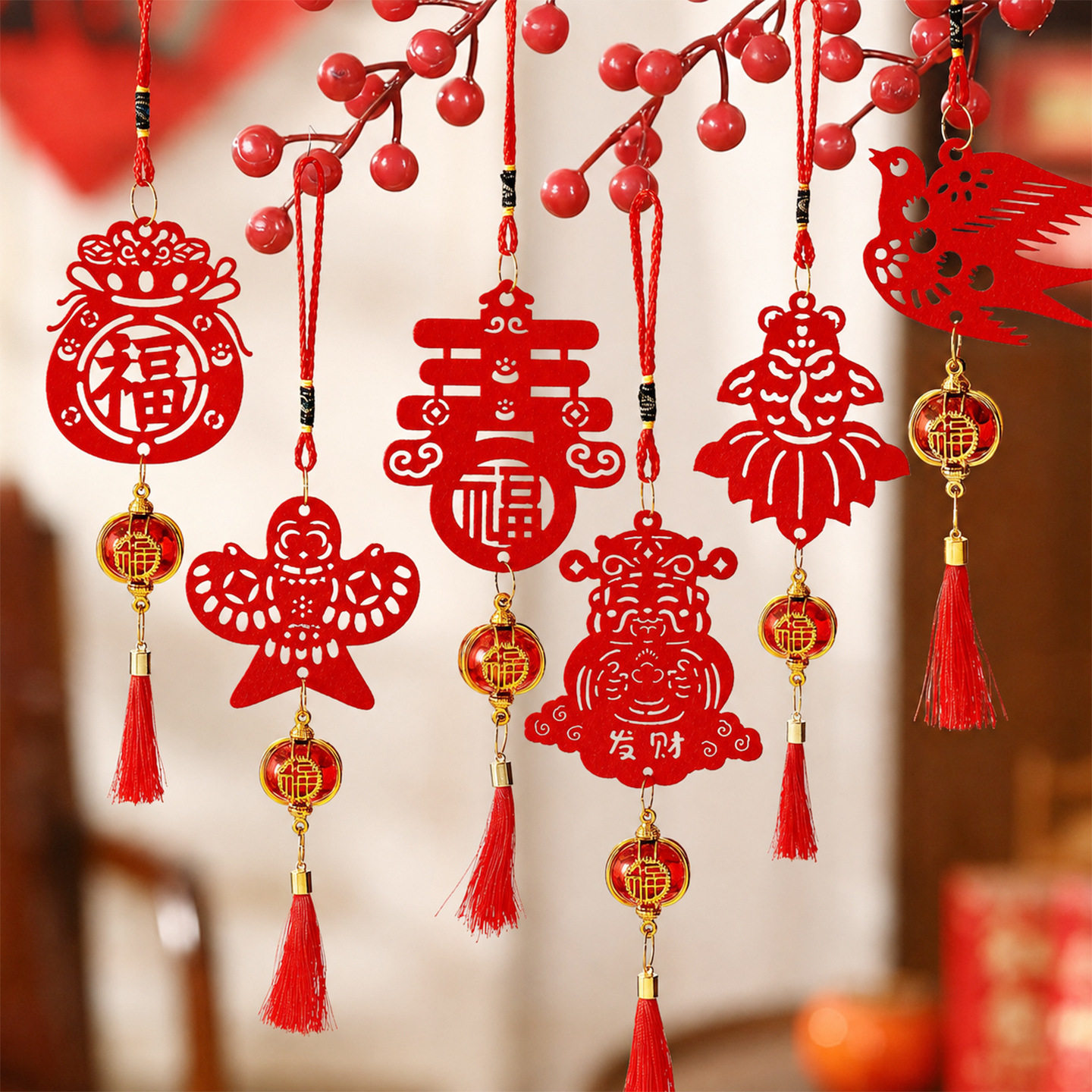 2027新年植绒小灯笼挂饰中式红灯笼庭院盆景树木新春场景布置挂件