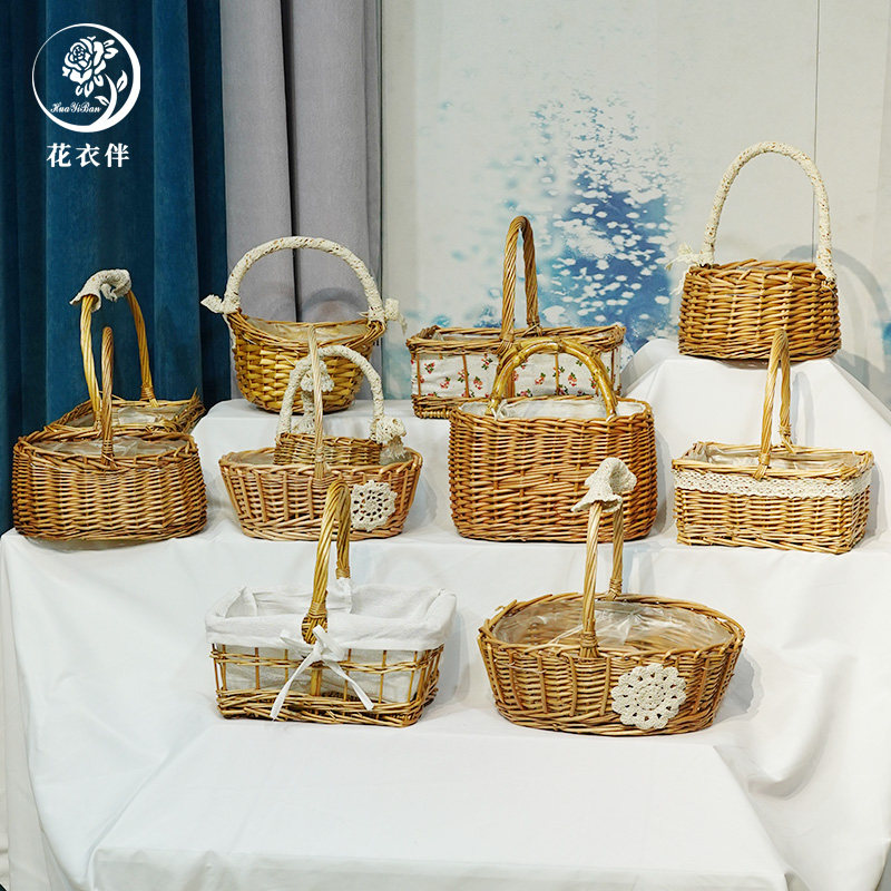 母亲节花边椭圆手提花篮纯手工