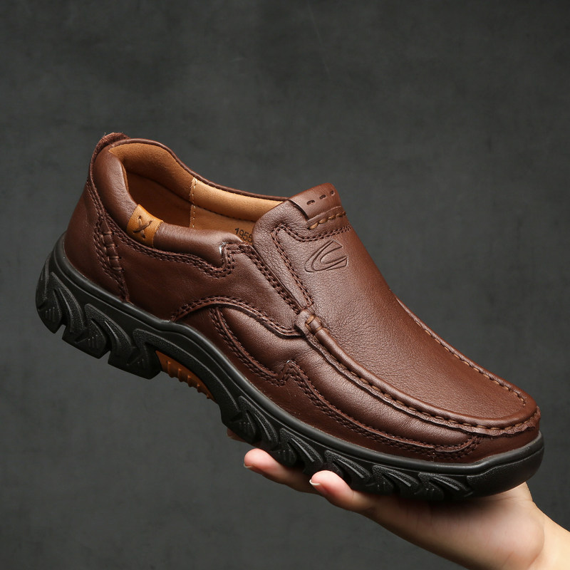 德国骆驼动感秋季头层牛皮休闲皮鞋男真皮懒人鞋一脚蹬中年爸爸鞋
