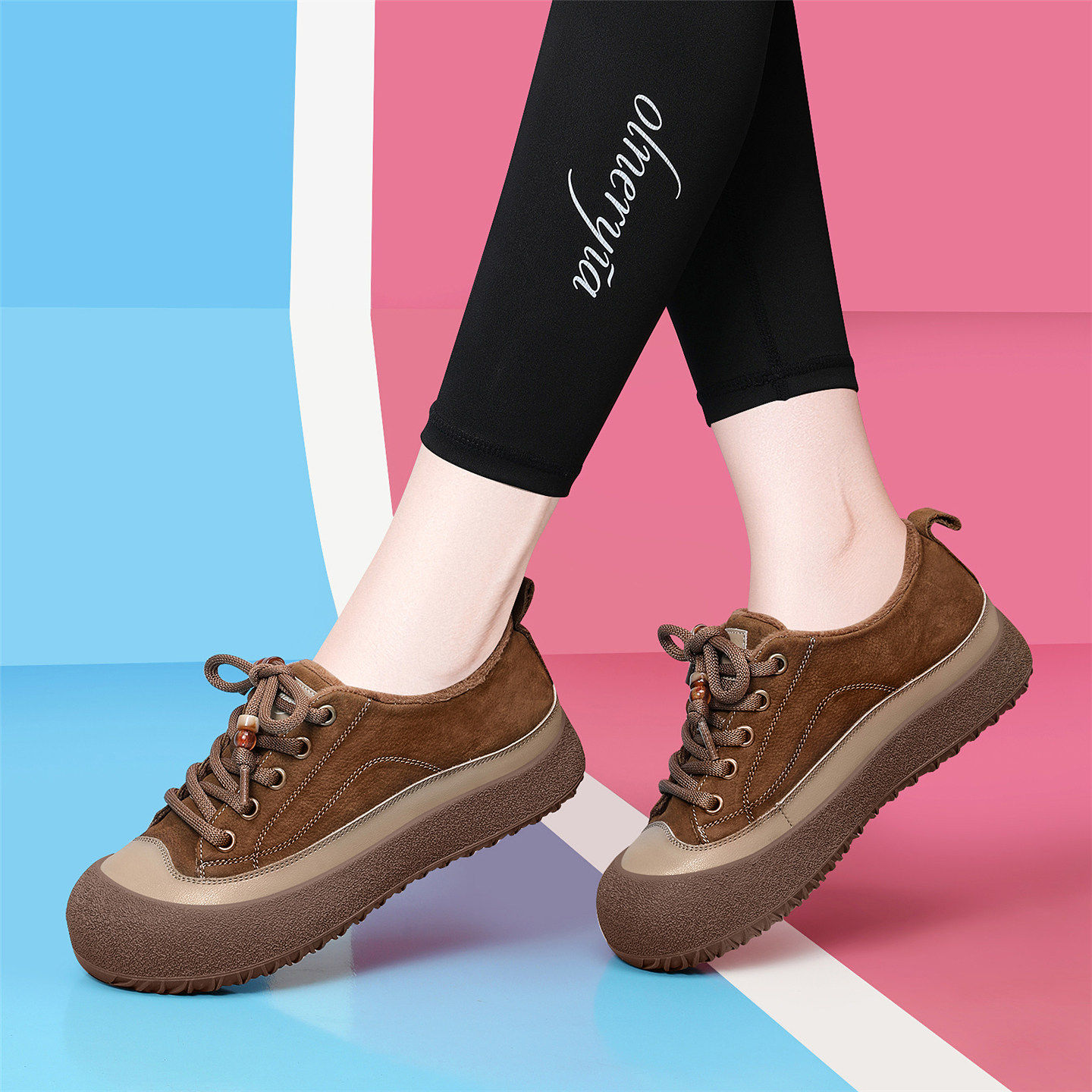 厚底复古板鞋面包鞋女棕色系带真皮休闲加绒板鞋百搭防滑小皮鞋