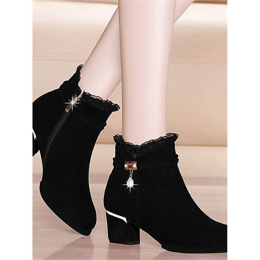 高跟短靴女冬季皮鞋加绒2025新款保暖棉鞋防水台粗跟中年妈妈靴子