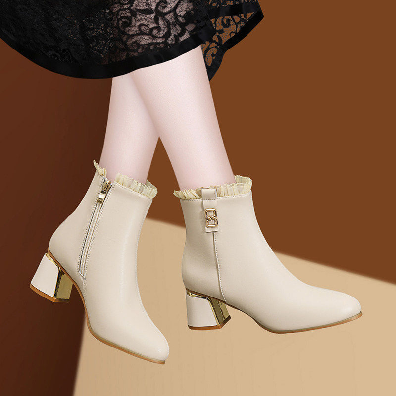 马丁靴女粗跟短靴真皮2025新款春秋冬季气质高跟黑色中跟妈妈皮鞋