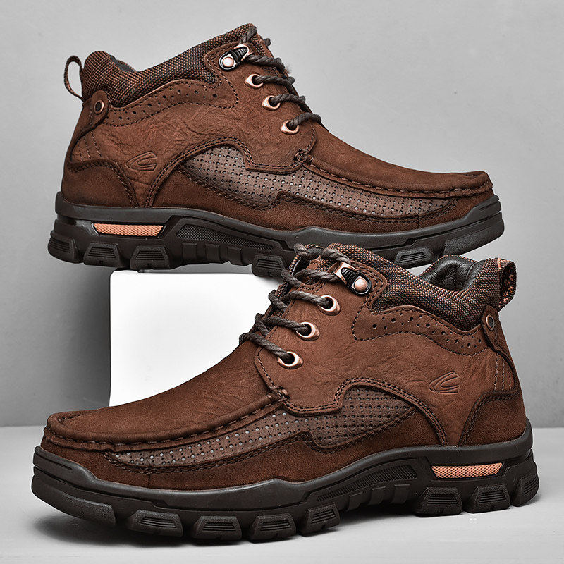 德国骆驼动感秋季高筒户外休闲鞋头层牛皮冬季加绒保暖棉鞋爸爸鞋