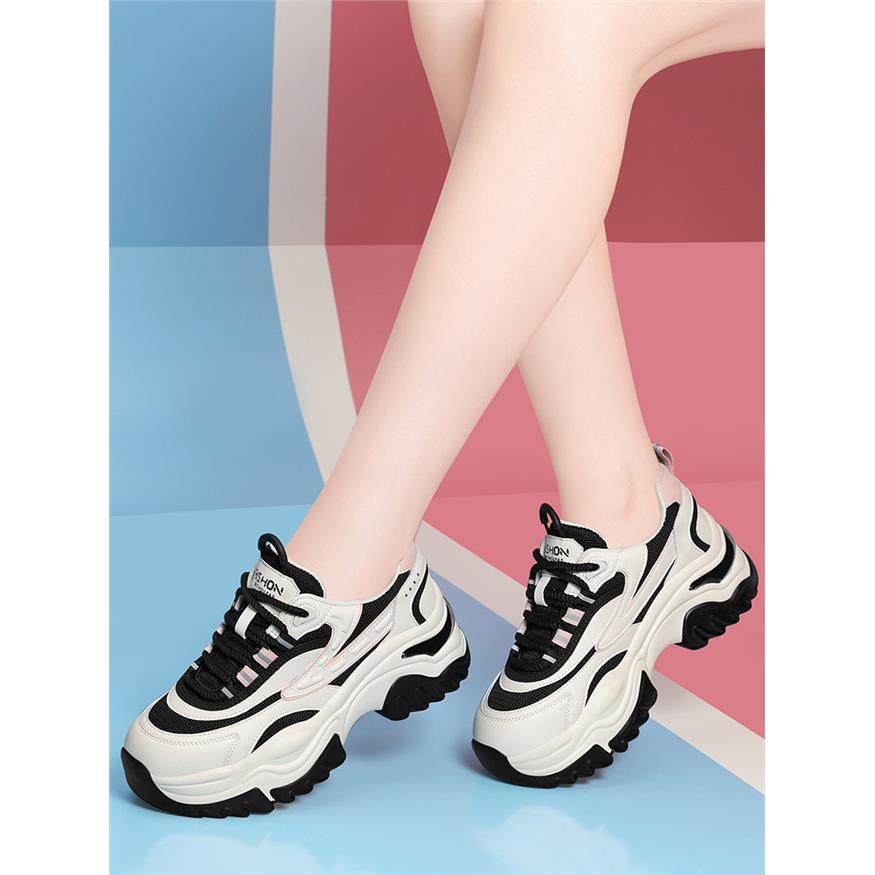 真皮黑色老爹鞋女鞋2025新款春夏季厚底百搭增高小个子休闲运动鞋