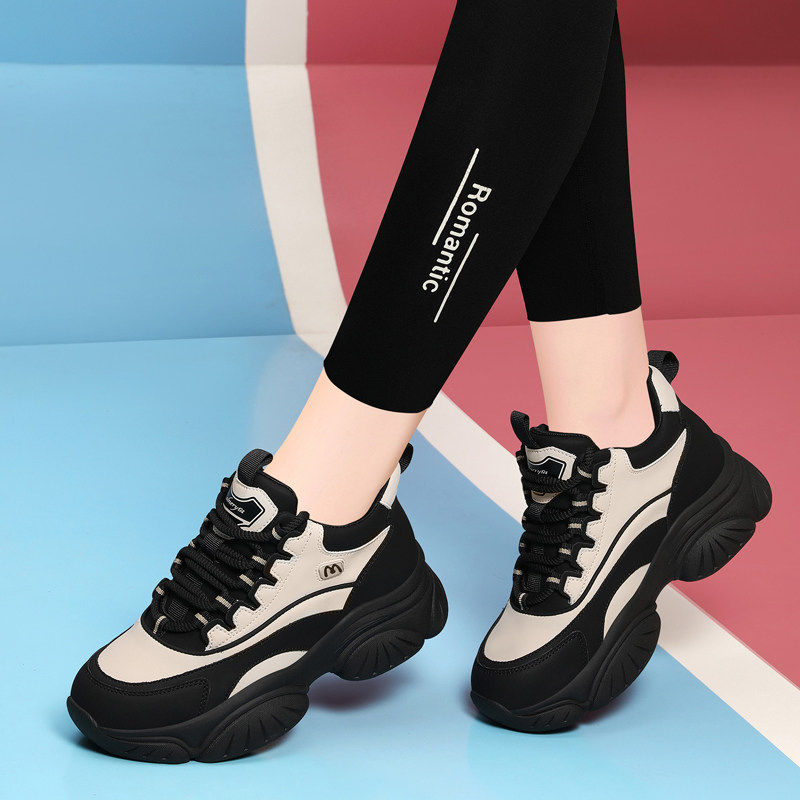 真皮老爹鞋女款2025新款春秋冬季加绒厚底休闲运动鞋跑步减震轻便