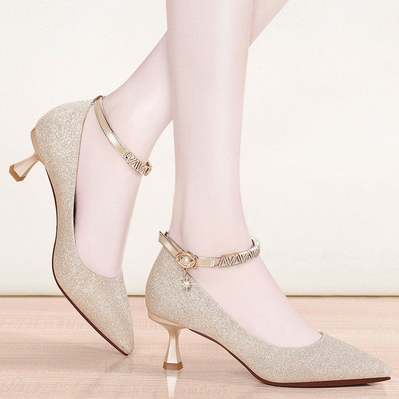 配旗袍的高跟鞋婚礼鞋子百搭中跟春夏款浅口单鞋女夏细跟尖头5cm