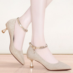 配旗袍的高跟鞋婚礼鞋子百搭中跟春夏款浅口单鞋女夏细跟尖头5cm