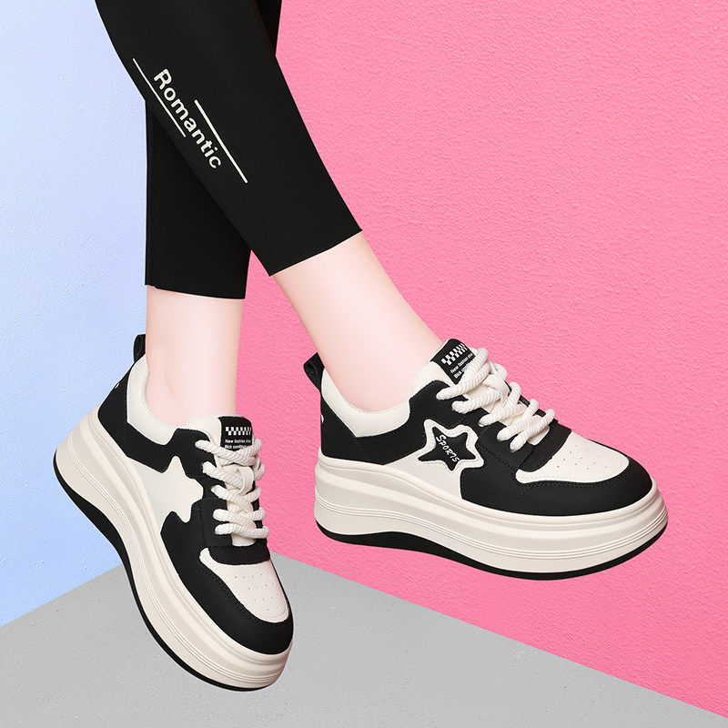 真皮板鞋黑白熊猫鞋女款2025夏季新款软牛皮小白鞋厚底休闲运动鞋