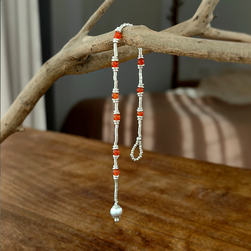 红果子 990纯银红玛瑙碎银珠手链平安健康女古风本命年复古文艺