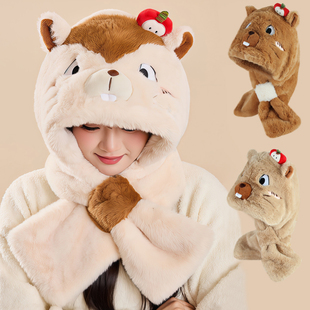 土拨鼠套头帽子女孩冬季交叉围巾脖儿童保暖加绒可爱护耳三两件套