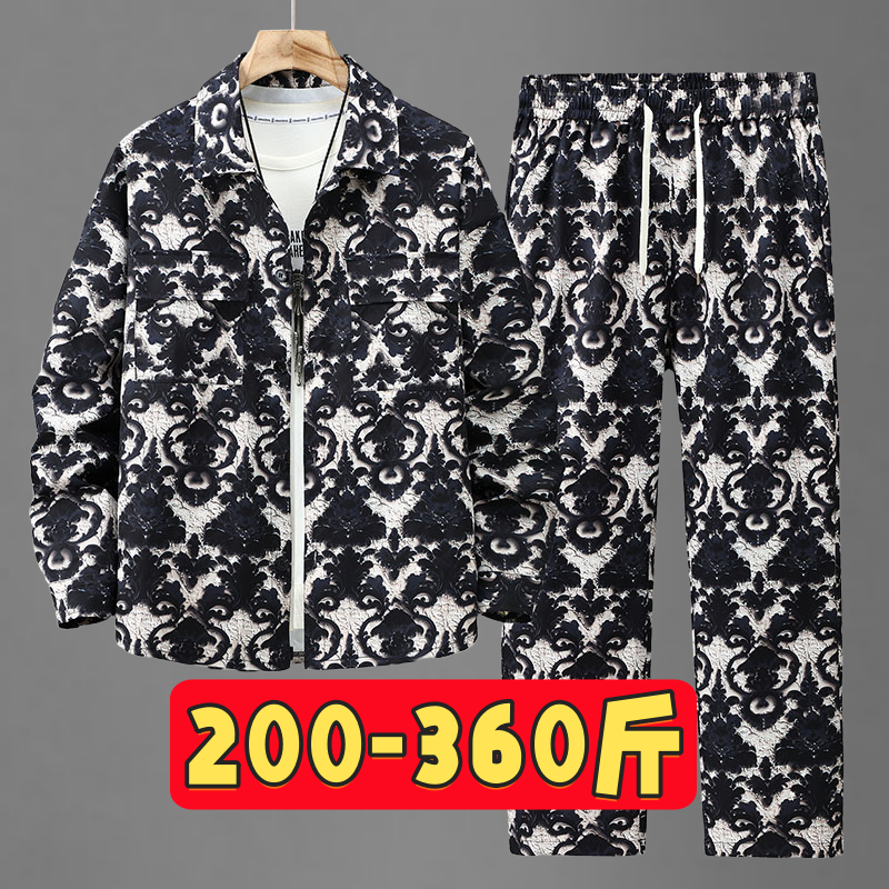 男士秋季新款加肥加大码衬衫休闲套装一套痞帅外套长裤两件套男装