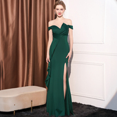 一半盛装 2025一字肩晚礼服蝴蝶结连衣裙女高级气质宴会鱼尾长裙