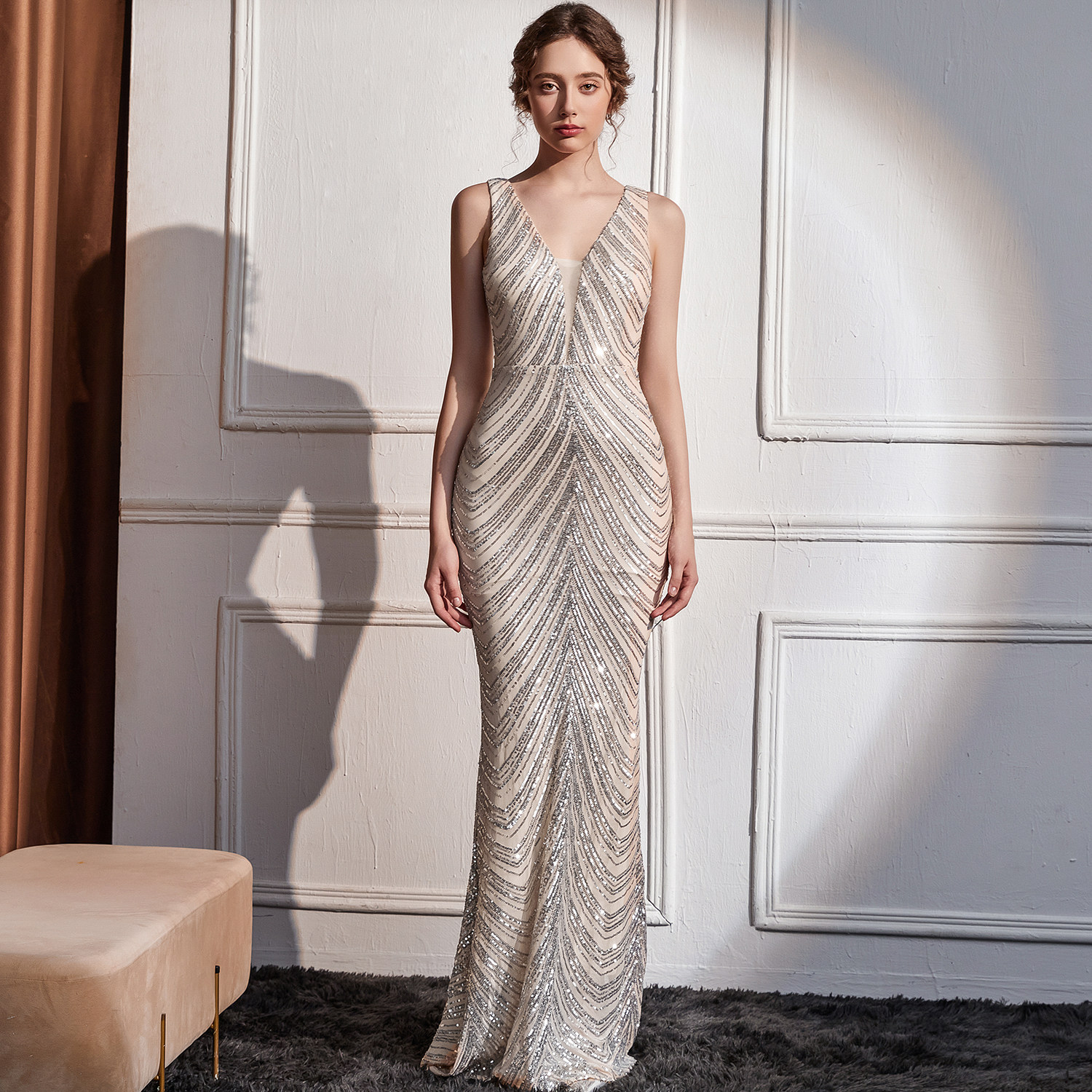 一半盛装2026新款高级重工party银色香槟色性感亮片晚礼服连衣裙