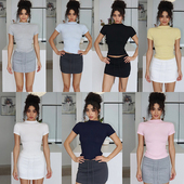 akiyo 上衣 显瘦短款 studio欧美短袖 T恤女半高领正肩修身